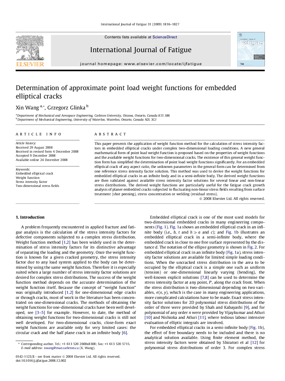 Determination of approximate point load weight functions for embedded elliptical cracks