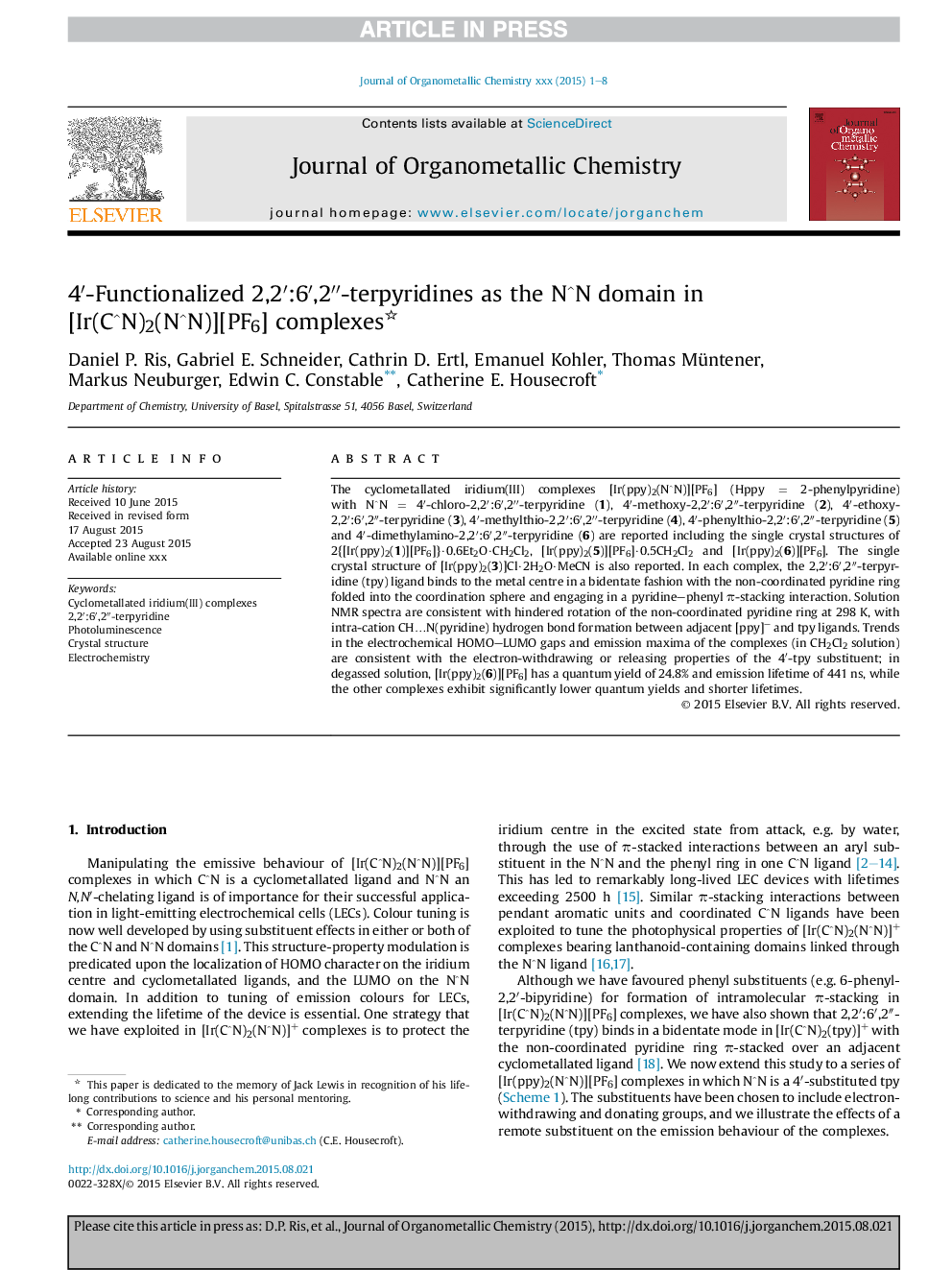 4â²-Functionalized 2,2â²:6â²,2â³-terpyridines as the NËN domain in [Ir(CËN)2(NËN)][PF6] complexes