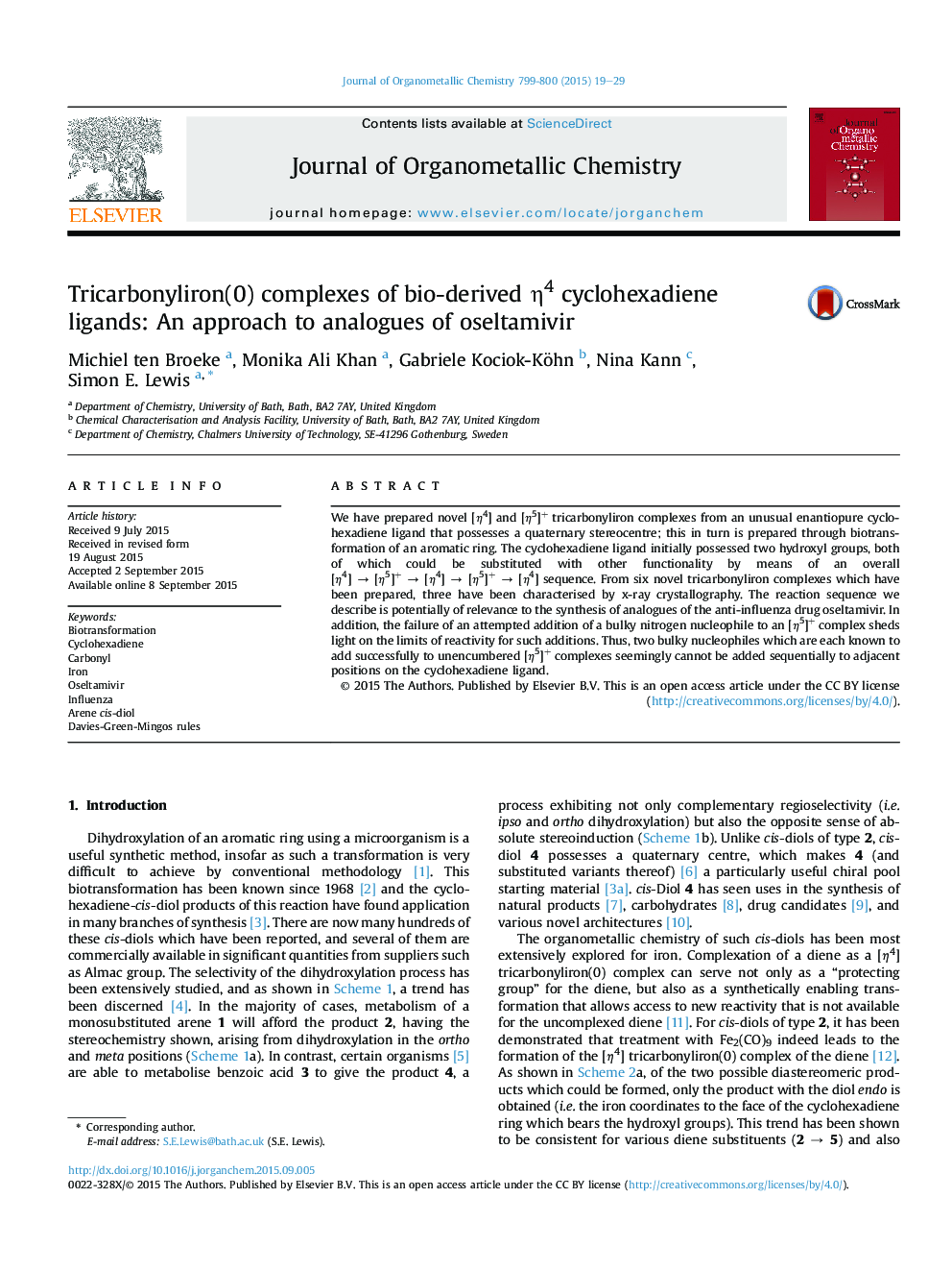 Tricarbonyliron(0) complexes of bio-derived Î·4 cyclohexadiene ligands: An approach to analogues of oseltamivir