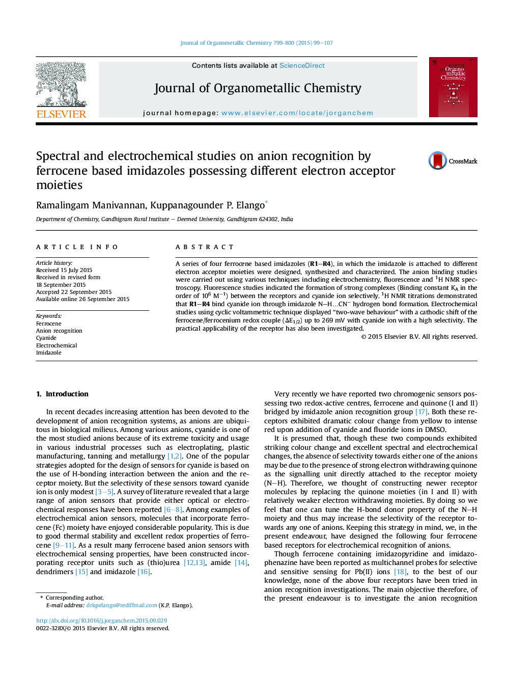 Spectral and electrochemical studies on anion recognition by ferrocene based imidazoles possessing different electron acceptor moieties