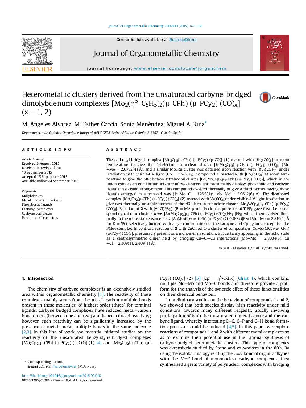 Heterometallic clusters derived from the unsaturated carbyne-bridged dimolybdenum complexes [Mo2(Î·5-C5H5)2(Î¼-CPh) (Î¼-PCy2) (CO)x] (xÂ =Â 1, 2)