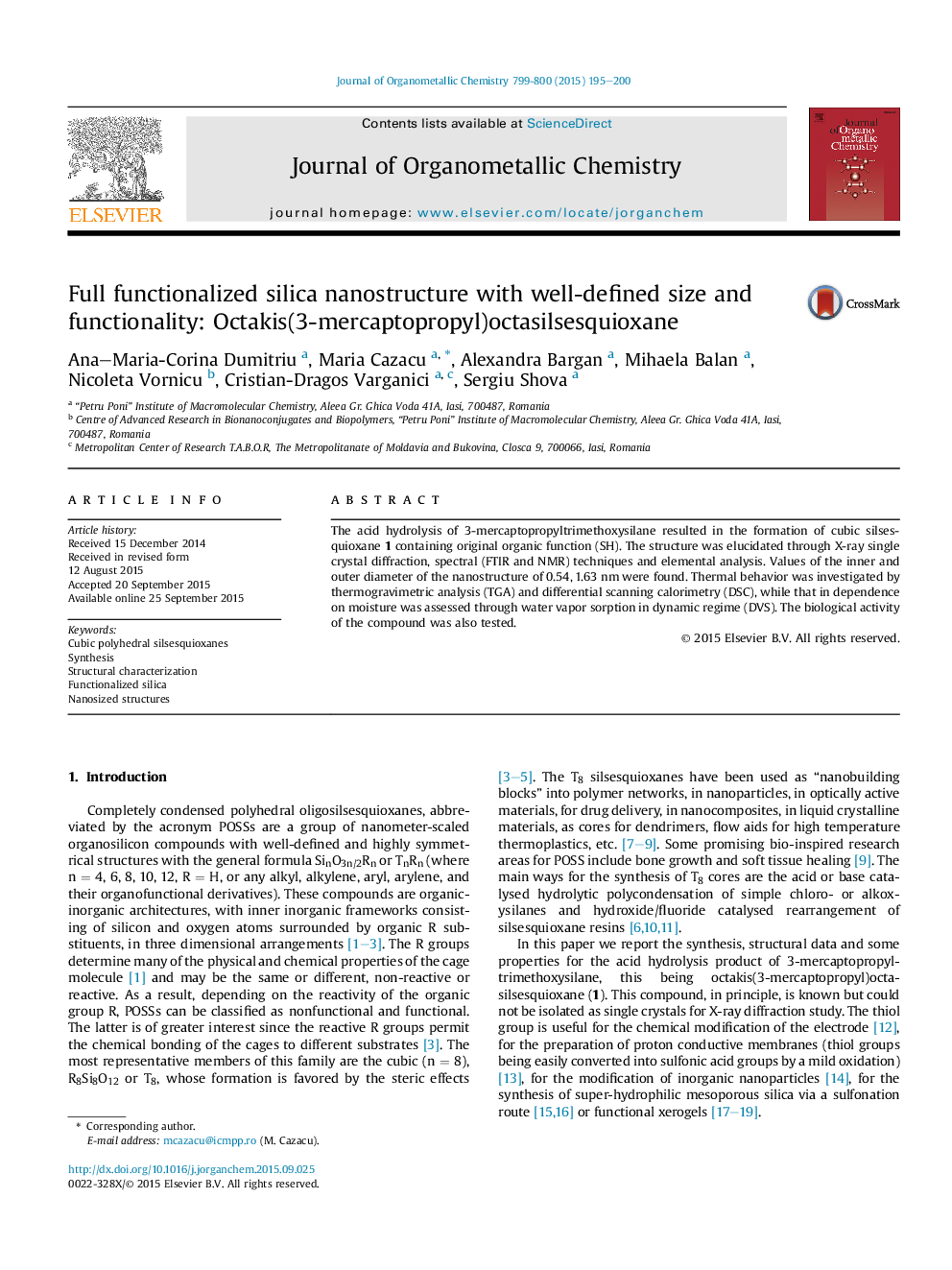 Full functionalized silica nanostructure with well-defined size and functionality: Octakis(3-mercaptopropyl)octasilsesquioxane