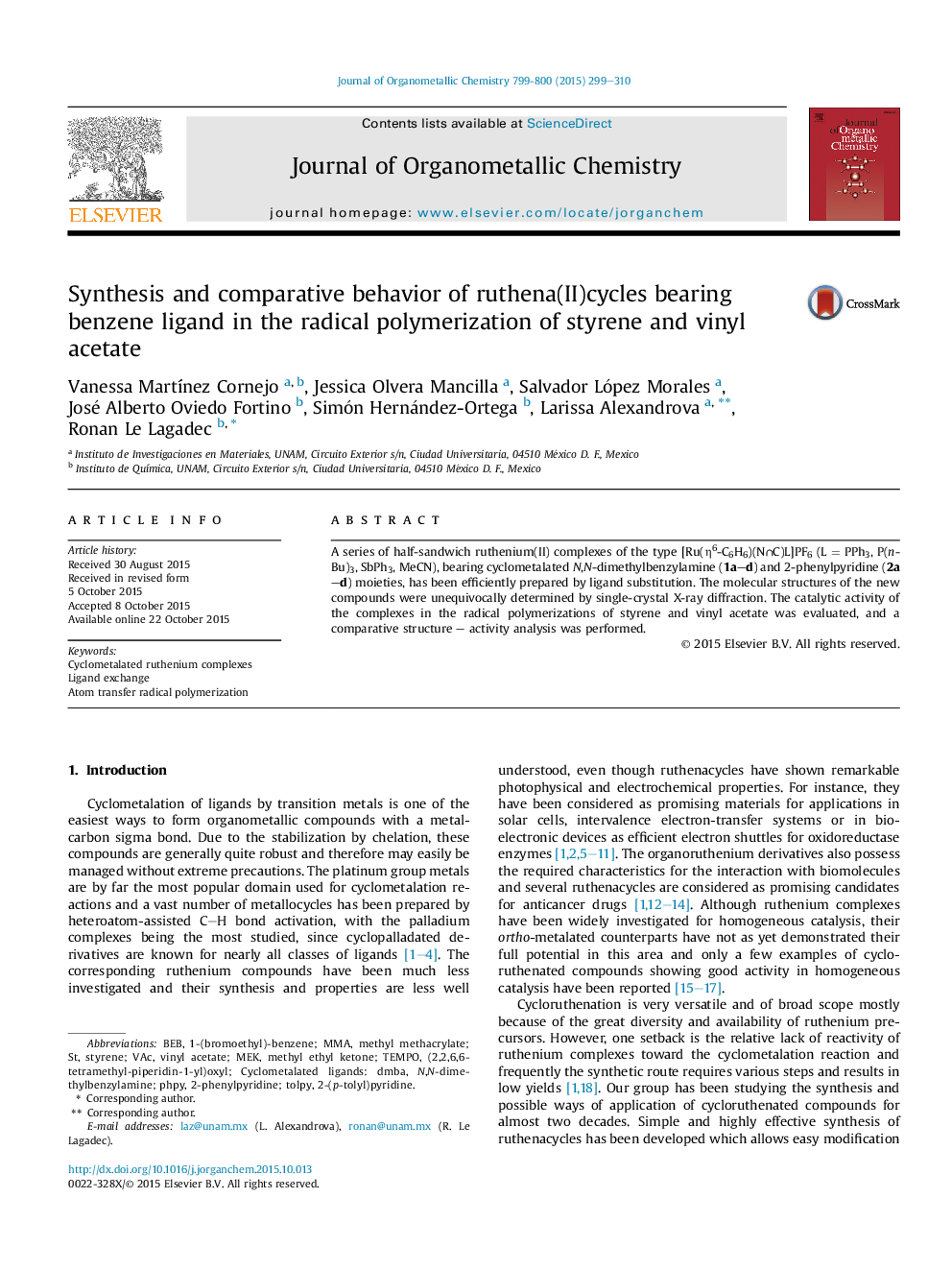 Synthesis and comparative behavior of ruthena(II)cycles bearing benzene ligand in the radical polymerization of styrene and vinyl acetate