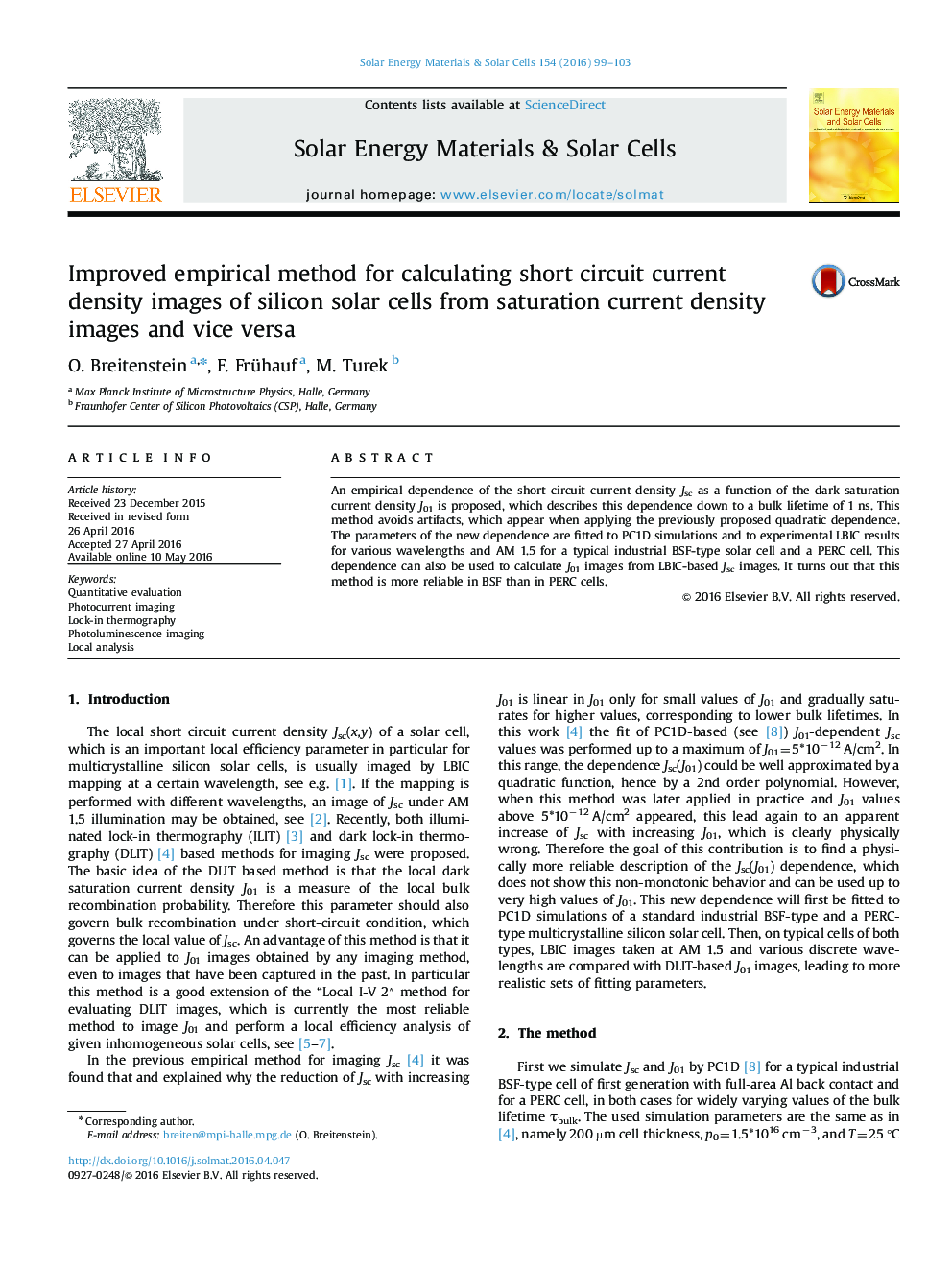 Improved empirical method for calculating short circuit current density images of silicon solar cells from saturation current density images and vice versa