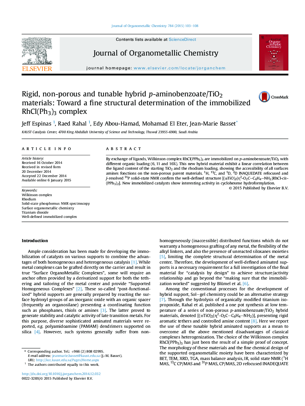 Rigid, non-porous and tunable hybrid p-aminobenzoate/TiO2 materials: Toward a fine structural determination of the immobilized RhCl(Ph3)3 complex