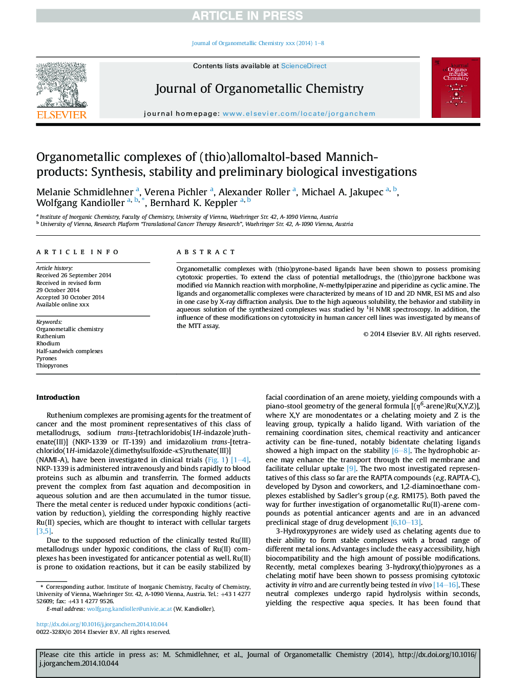 Organometallic complexes of (thio)allomaltol-based Mannich-products: Synthesis, stability and preliminary biological investigations