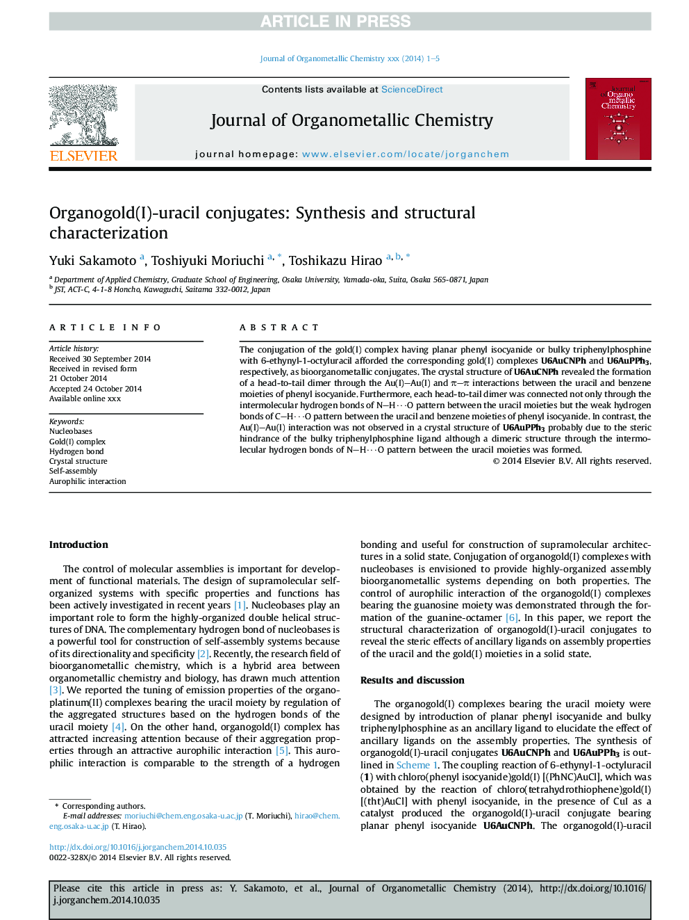 Organogold(I)-uracil conjugates: Synthesis and structural characterization