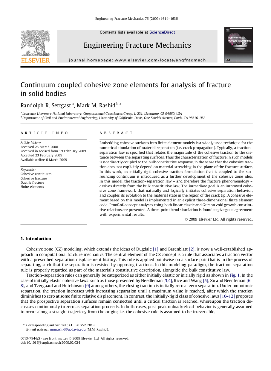 Continuum coupled cohesive zone elements for analysis of fracture in solid bodies