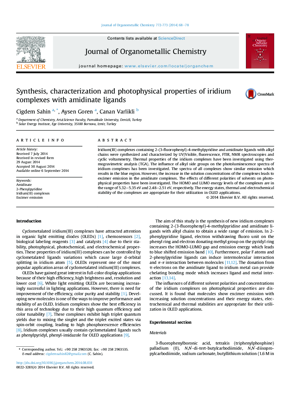 Synthesis, characterization and photophysical properties of iridium complexes with amidinate ligands