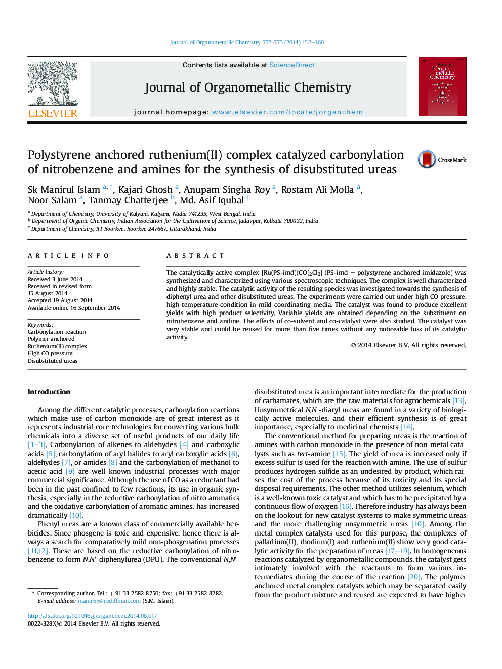 عکس صفحه اول مقاله: Polystyrene anchored ruthenium(II) complex catalyzed carbonylation of nitrobenzene and amines for the synthesis of disubstituted ureas Polystyrene anchored ruthenium(II) complex catalyzed carbonylation of nitrobenzene and amines for the synthesis of disubstituted ureas
