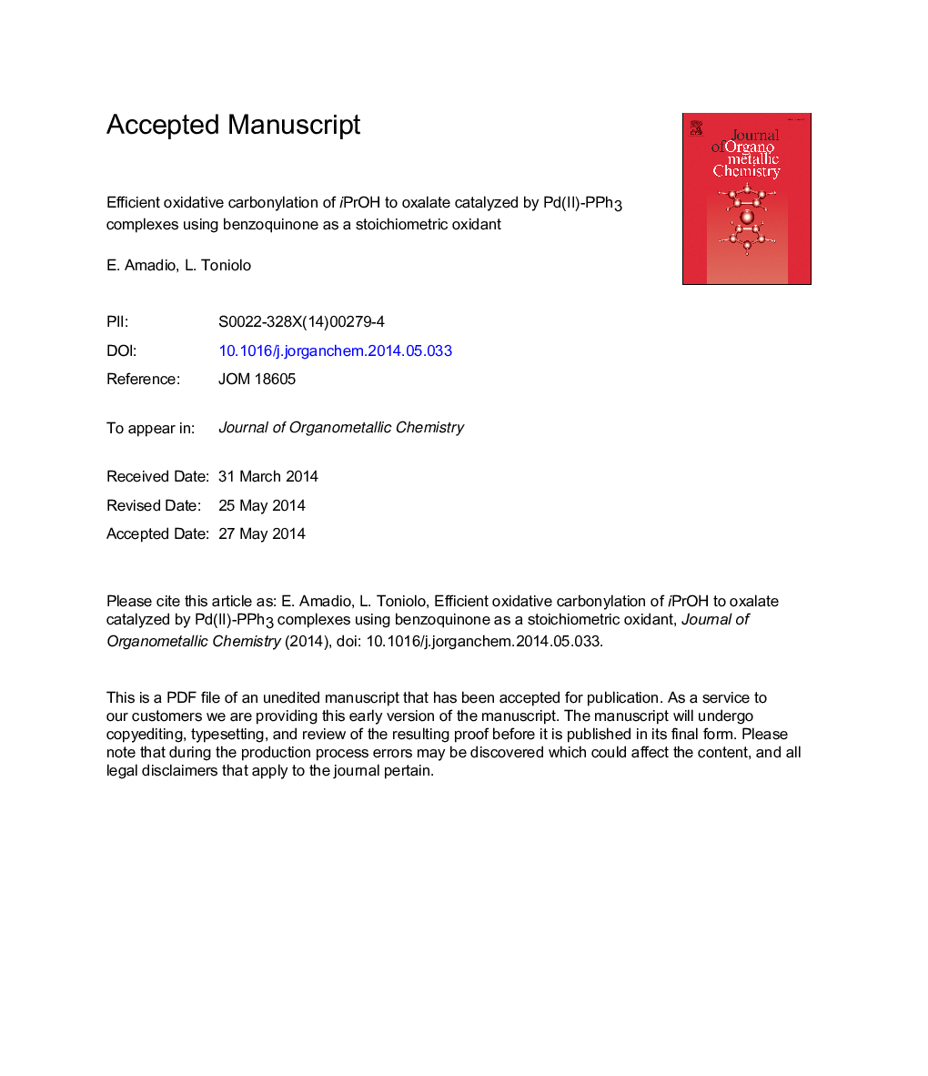 عکس صفحه اول مقاله: Efficient oxidative carbonylation of iPrOH to oxalate catalyzed by Pd(II)-PPh3 complexes using benzoquinone as a stoichiometric oxidant Efficient oxidative carbonylation of iPrOH to oxalate catalyzed by Pd(II)-PPh3 complexes using benzoquinone as a stoichiometric oxidant