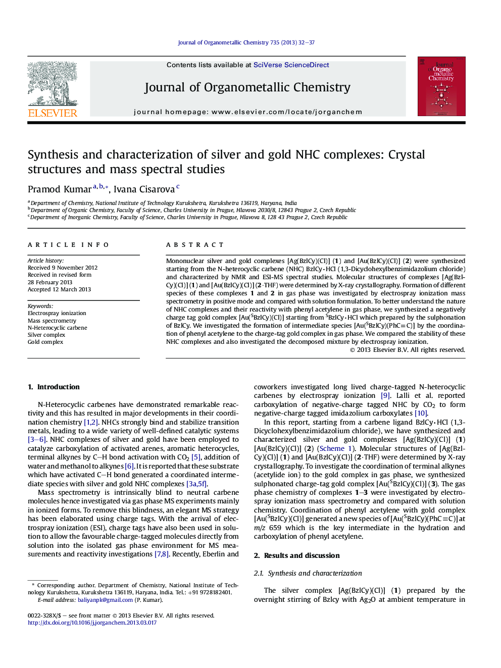 عکس صفحه اول مقاله: Synthesis and characterization of silver and gold NHC complexes: Crystal structures and mass spectral studies Synthesis and characterization of silver and gold NHC complexes: Crystal structures and mass spectral studies