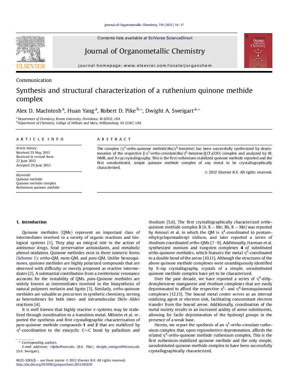 Synthesis and structural characterization of a ruthenium quinone methide complex