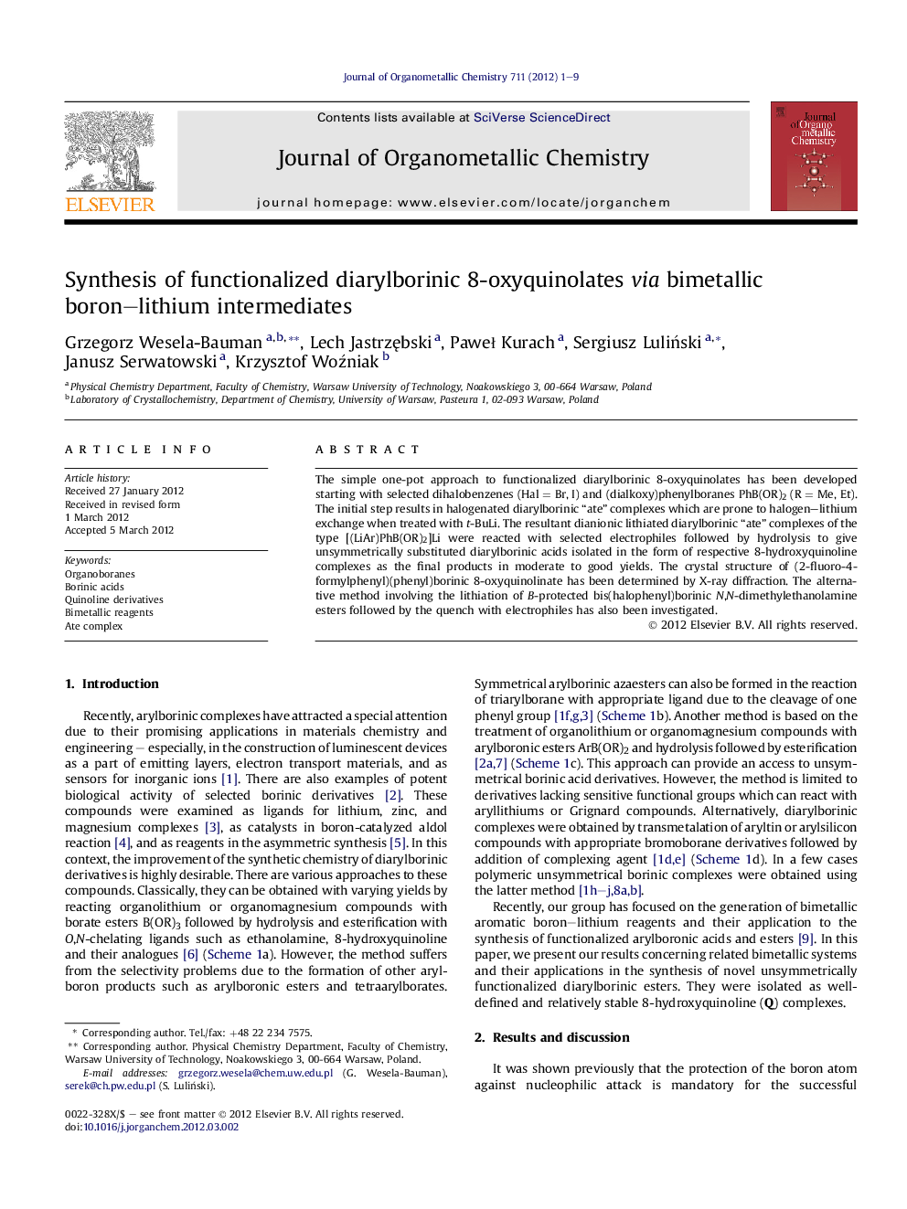 Synthesis of functionalized diarylborinic 8-oxyquinolates via bimetallic boron-lithium intermediates