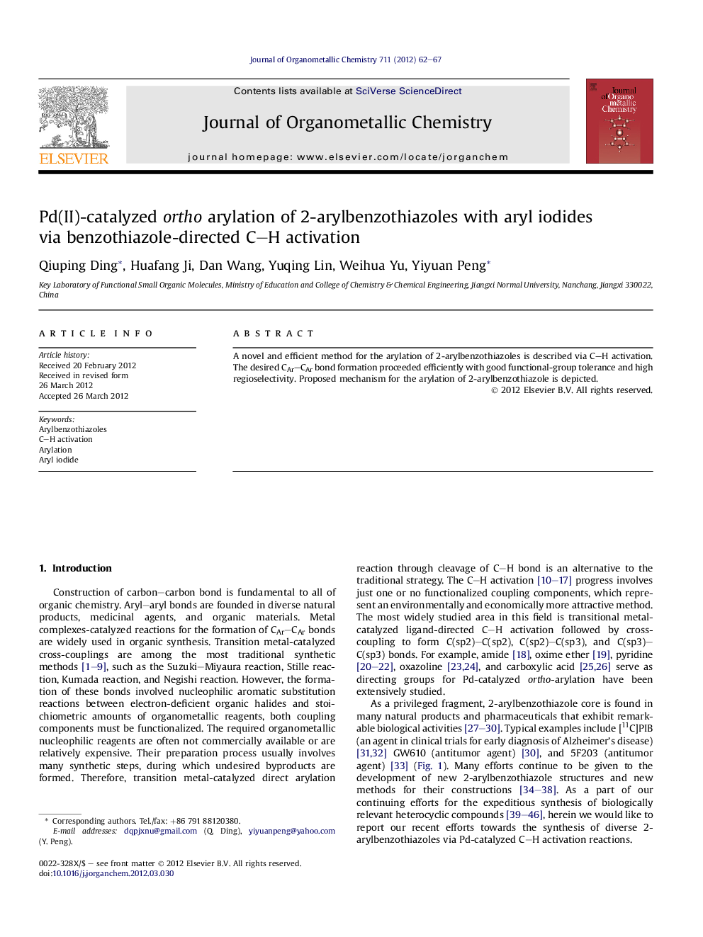 Pd(II)-catalyzed ortho arylation of 2-arylbenzothiazoles with aryl iodides via benzothiazole-directed C-H activation