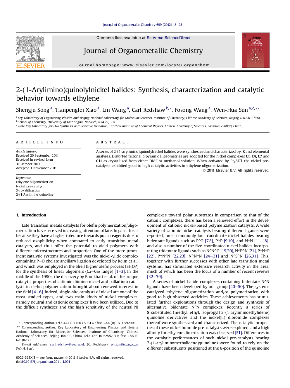 2-(1-Arylimino)quinolylnickel halides: Synthesis, characterization and catalytic behavior towards ethylene