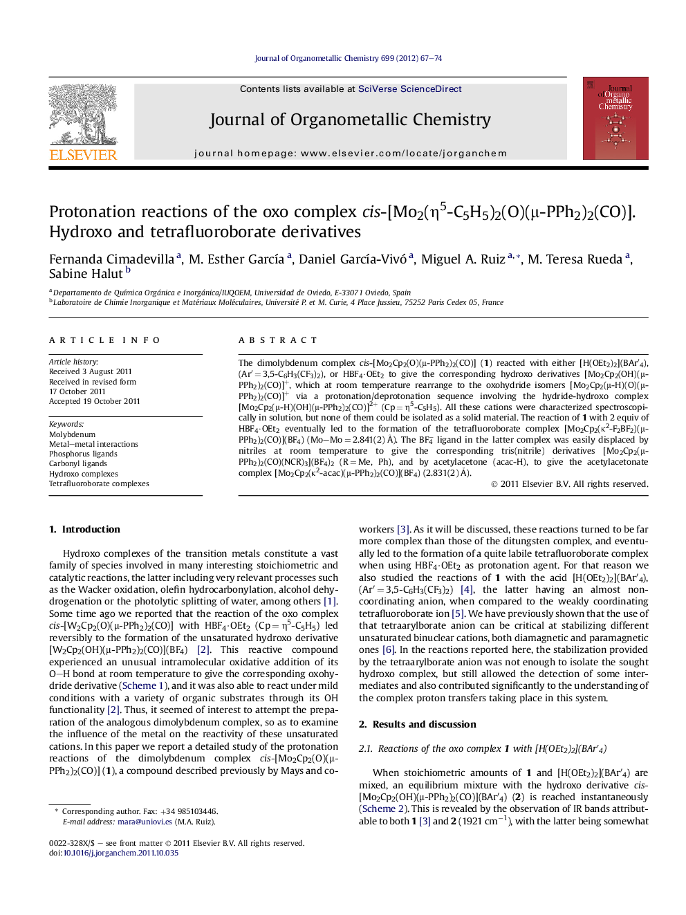 Protonation reactions of the oxo complex cis-[Mo2(Î·5-C5H5)2(O)(Î¼-PPh2)2(CO)]. Hydroxo and tetrafluoroborate derivatives