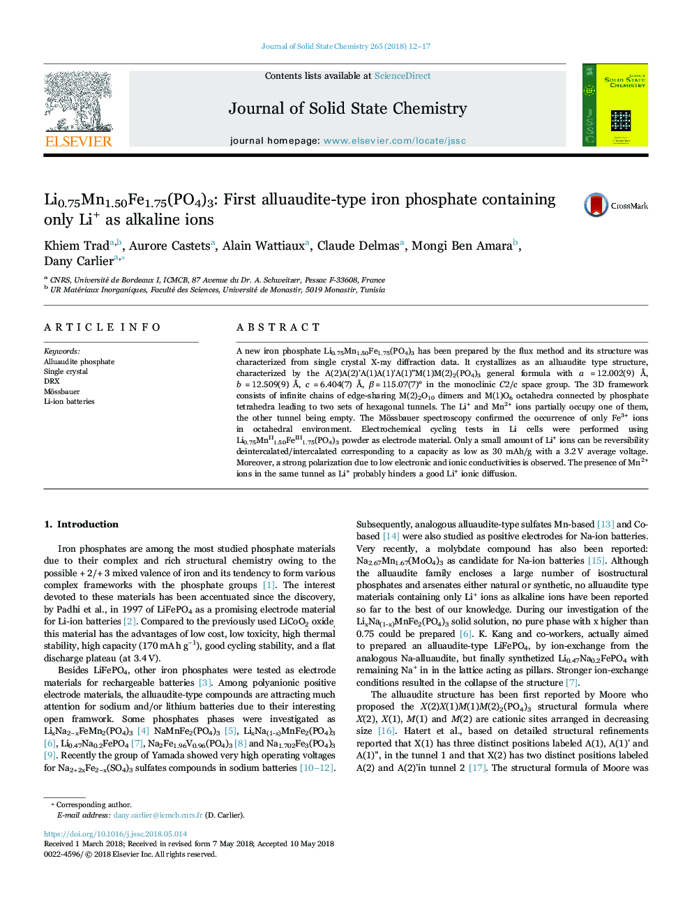 Li0.75Mn1.50Fe1.75(PO4)3: First alluaudite-type iron phosphate containing only Li+ as alkaline ions