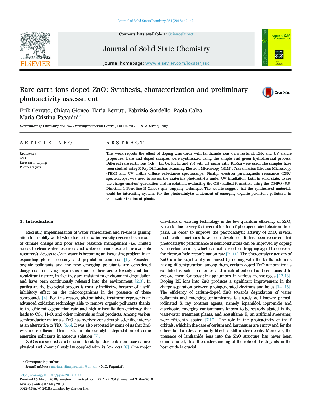 Rare earth ions doped ZnO: Synthesis, characterization and preliminary photoactivity assessment