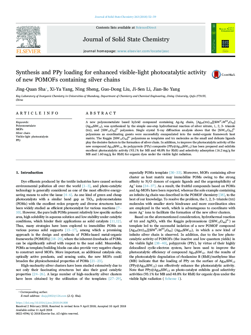 Synthesis and PPy loading for enhanced visible-light photocatalytic activity of new POMOFs containing silver chains