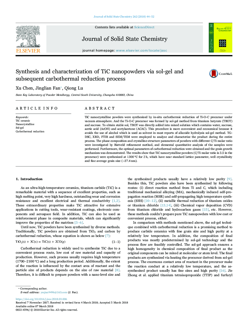 Synthesis and characterization of TiC nanopowders via sol-gel and subsequent carbothermal reduction process