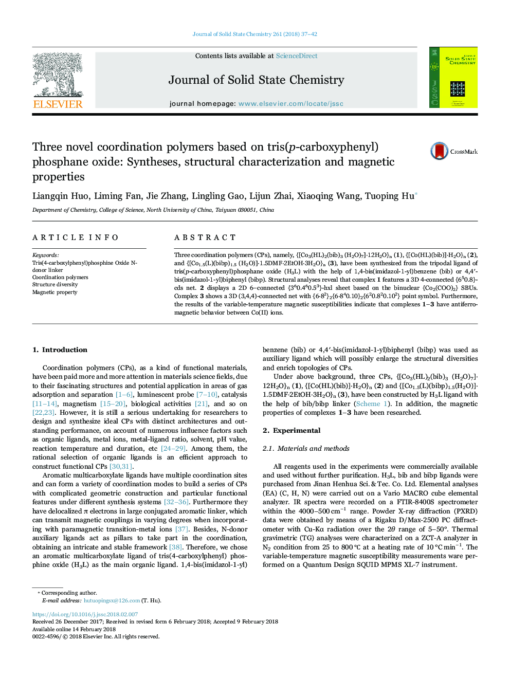 Three novel coordination polymers based on tris(p-carboxyphenyl)phosphane oxide: Syntheses, structural characterization and magnetic properties