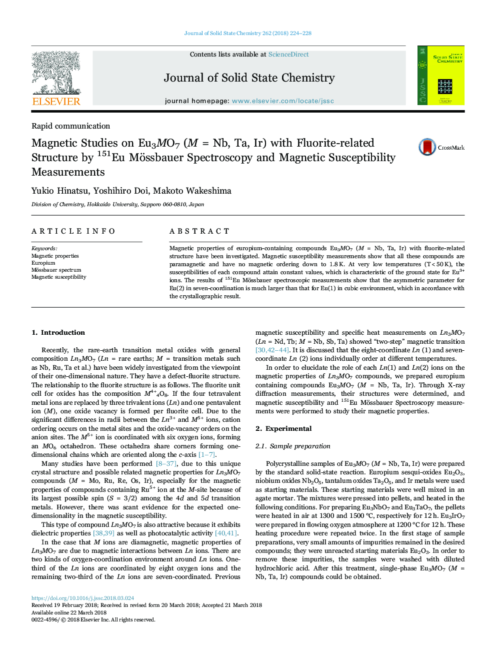 Magnetic Studies on Eu3MO7 (M = Nb, Ta, Ir) with Fluorite-related Structure by 151Eu Mössbauer Spectroscopy and Magnetic Susceptibility Measurements