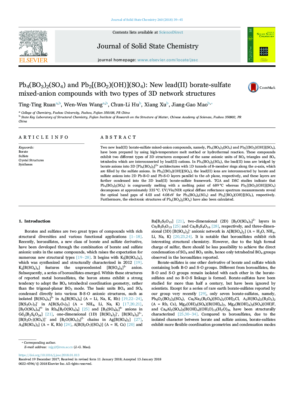 Pb4(BO3)2(SO4) and Pb2[(BO2)(OH)](SO4): New lead(II) borate-sulfate mixed-anion compounds with two types of 3D network structures