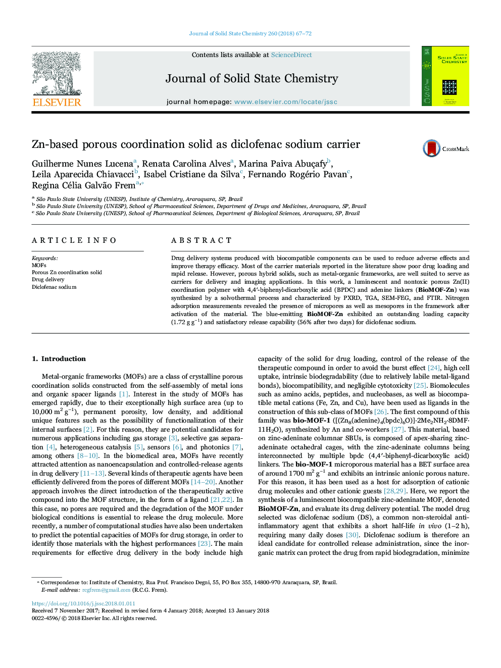 Zn-based porous coordination solid as diclofenac sodium carrier