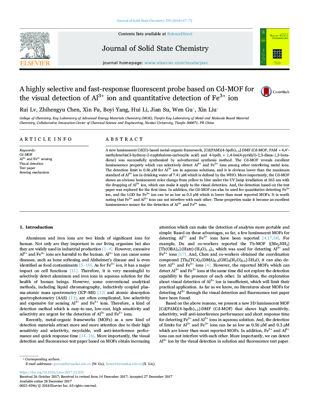 A highly selective and fast-response fluorescent probe based on Cd-MOF for the visual detection of Al3+ ion and quantitative detection of Fe3+ ion