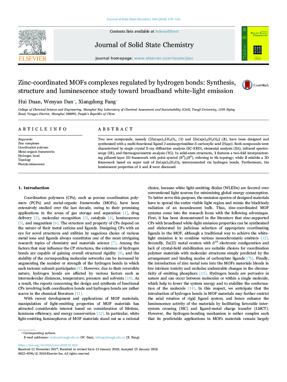 Zinc-coordinated MOFs complexes regulated by hydrogen bonds: Synthesis, structure and luminescence study toward broadband white-light emission