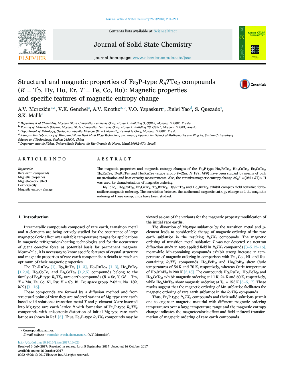 Structural and magnetic properties of Fe2P-type R6TTe2 compounds (R = Tb, Dy, Ho, Er, T = Fe, Co, Ru): Magnetic properties and specific features of magnetic entropy change