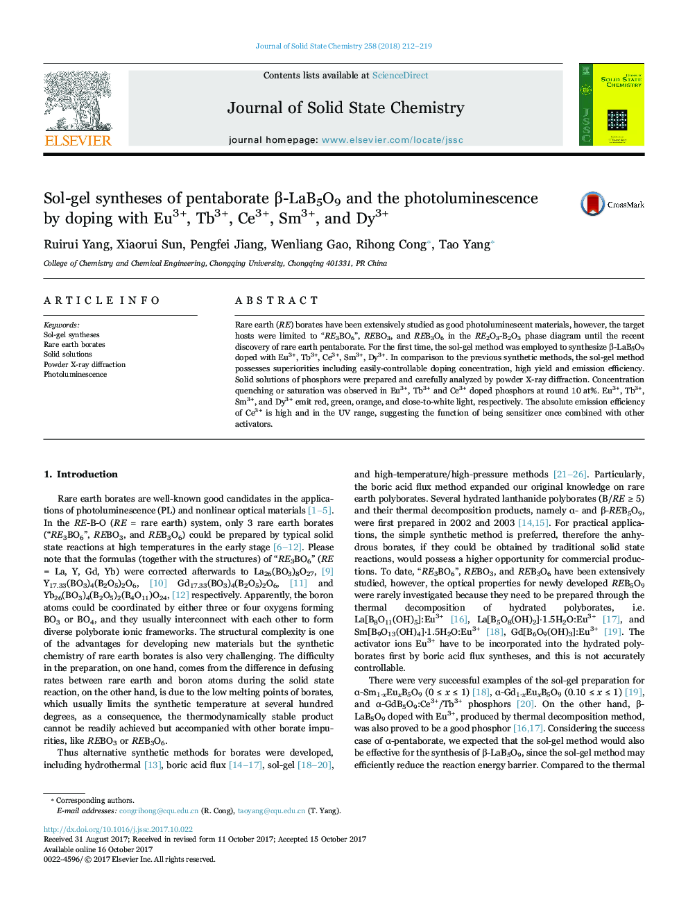 Sol-gel syntheses of pentaborate Î²-LaB5O9 and the photoluminescence by doping with Eu3+, Tb3+, Ce3+, Sm3+, and Dy3+