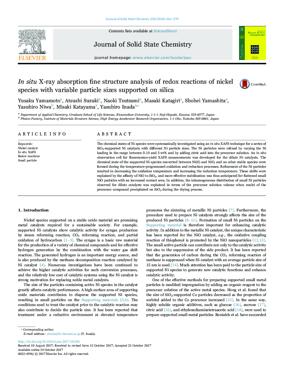 In situ X-ray absorption fine structure analysis of redox reactions of nickel species with variable particle sizes supported on silica