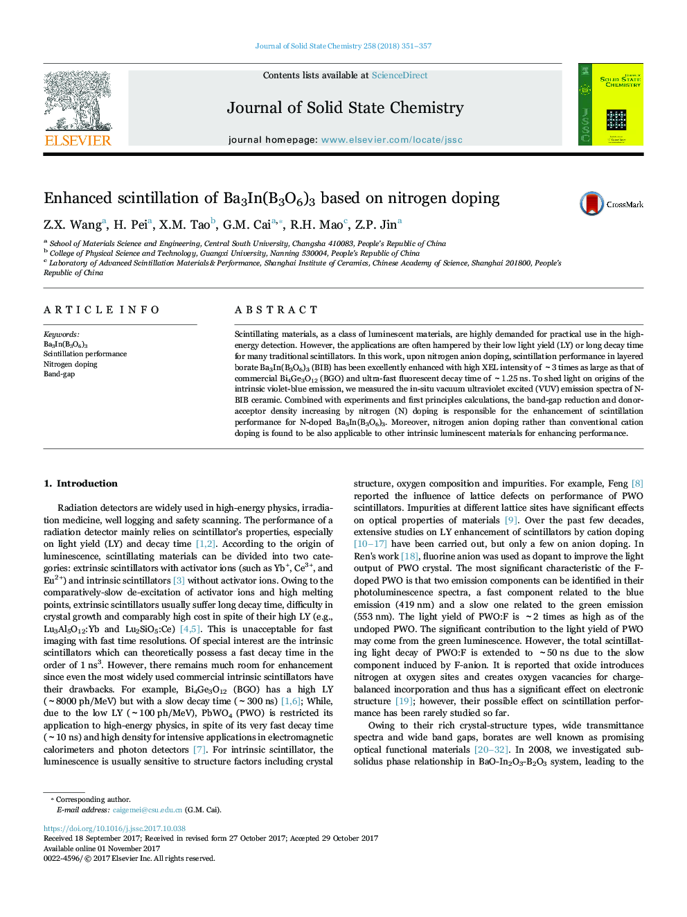 Enhanced scintillation of Ba3In(B3O6)3 based on nitrogen doping