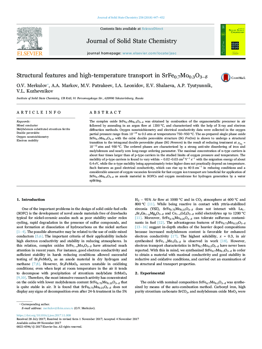 Structural features and high-temperature transport in SrFe0.7Mo0.3O3âÎ´