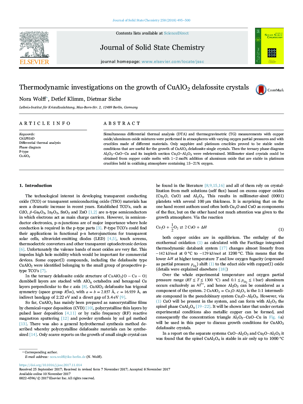 Thermodynamic investigations on the growth of CuAlO2 delafossite crystals