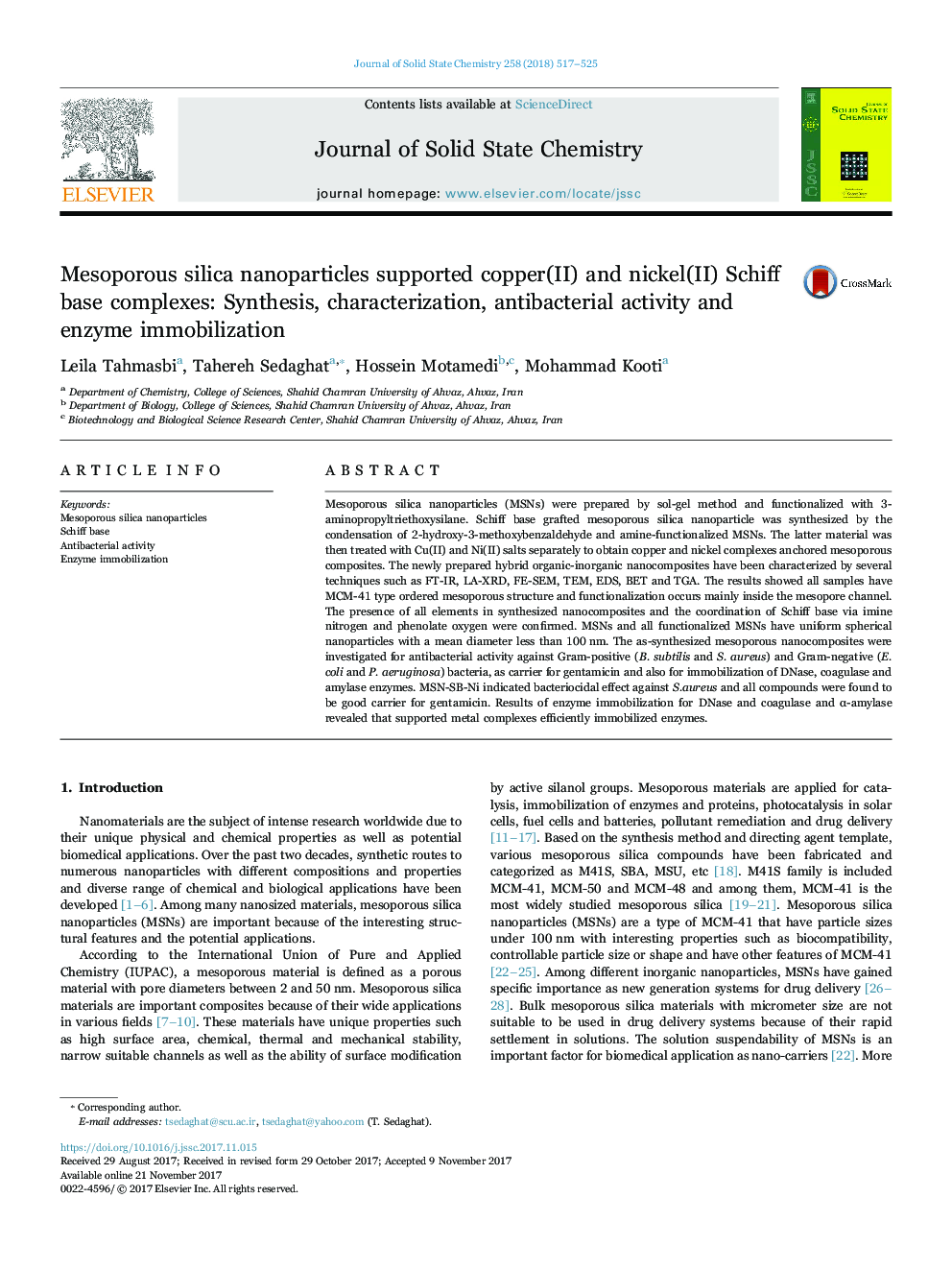 Mesoporous silica nanoparticles supported copper(II) and nickel(II) Schiff base complexes: Synthesis, characterization, antibacterial activity and enzyme immobilization