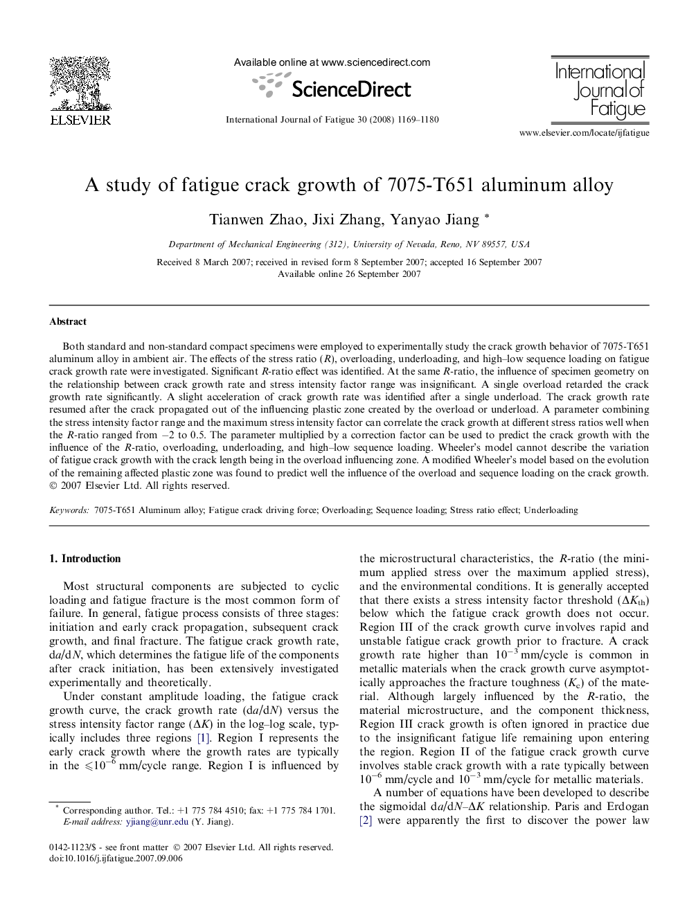 A study of fatigue crack growth of 7075-T651 aluminum alloy