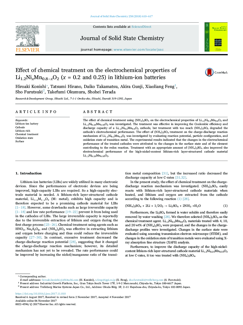 Effect of chemical treatment on the electrochemical properties of Li1.2NixMn0.8âxO2 (x = 0.2 and 0.25) in lithium-ion batteries