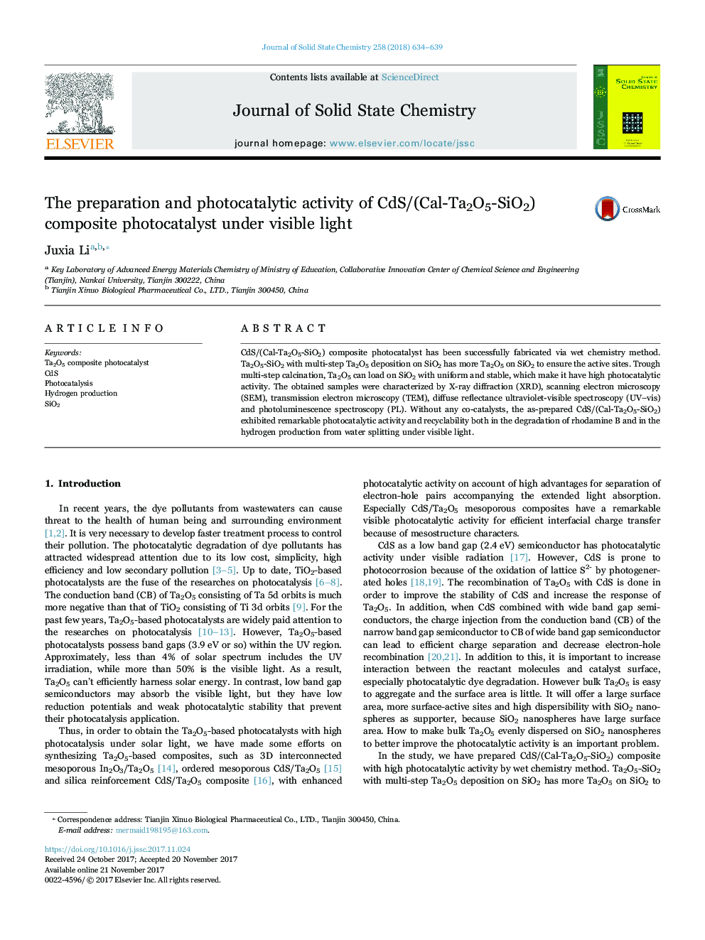 عکس صفحه اول مقاله: The preparation and photocatalytic activity of CdS/(Cal-Ta2O5-SiO2) composite photocatalyst under visible light The preparation and photocatalytic activity of CdS/(Cal-Ta2O5-SiO2) composite photocatalyst under visible light