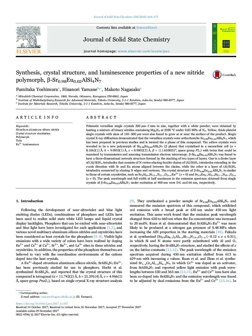 Synthesis, crystal structure, and luminescence properties of a new nitride polymorph, Î²-Sr0.98Eu0.02AlSi4N7