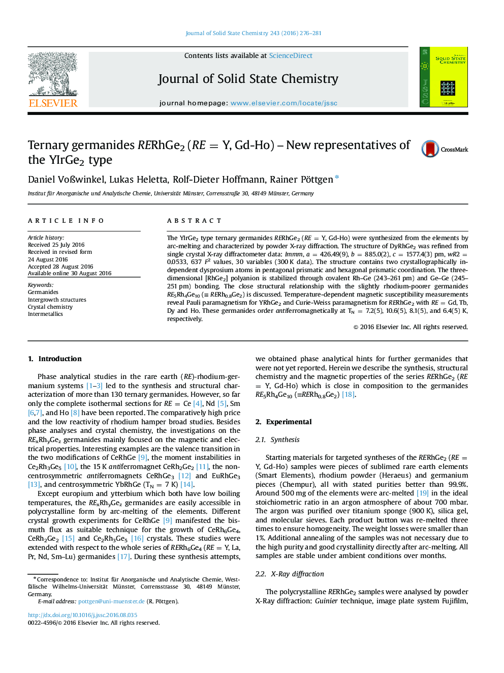 Ternary germanides RERhGe2 (RE = Y, Gd-Ho) - New representatives of the YIrGe2 type