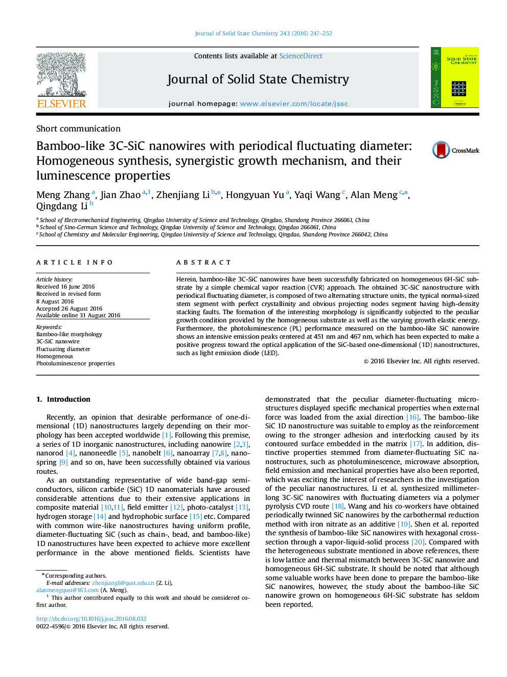 Bamboo-like 3C-SiC nanowires with periodical fluctuating diameter: Homogeneous synthesis, synergistic growth mechanism, and their luminescence properties