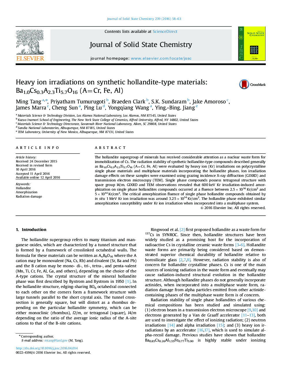 Heavy ion irradiations on synthetic hollandite-type materials: Ba1.0Cs0.3A2.3Ti5.7O16 (A=Cr, Fe, Al)