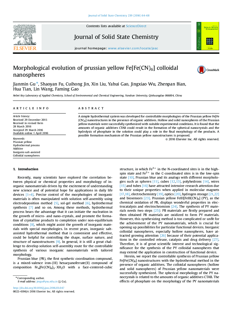 Morphological evolution of prussian yellow Fe[Fe(CN)6] colloidal nanospheres