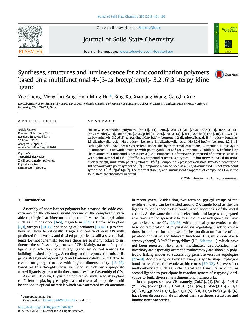 Syntheses, structures and luminescence for zinc coordination polymers based on a multifunctional 4â²-(3-carboxyphenyl)- 3,2â²:6â²,3â³-terpyridine ligand