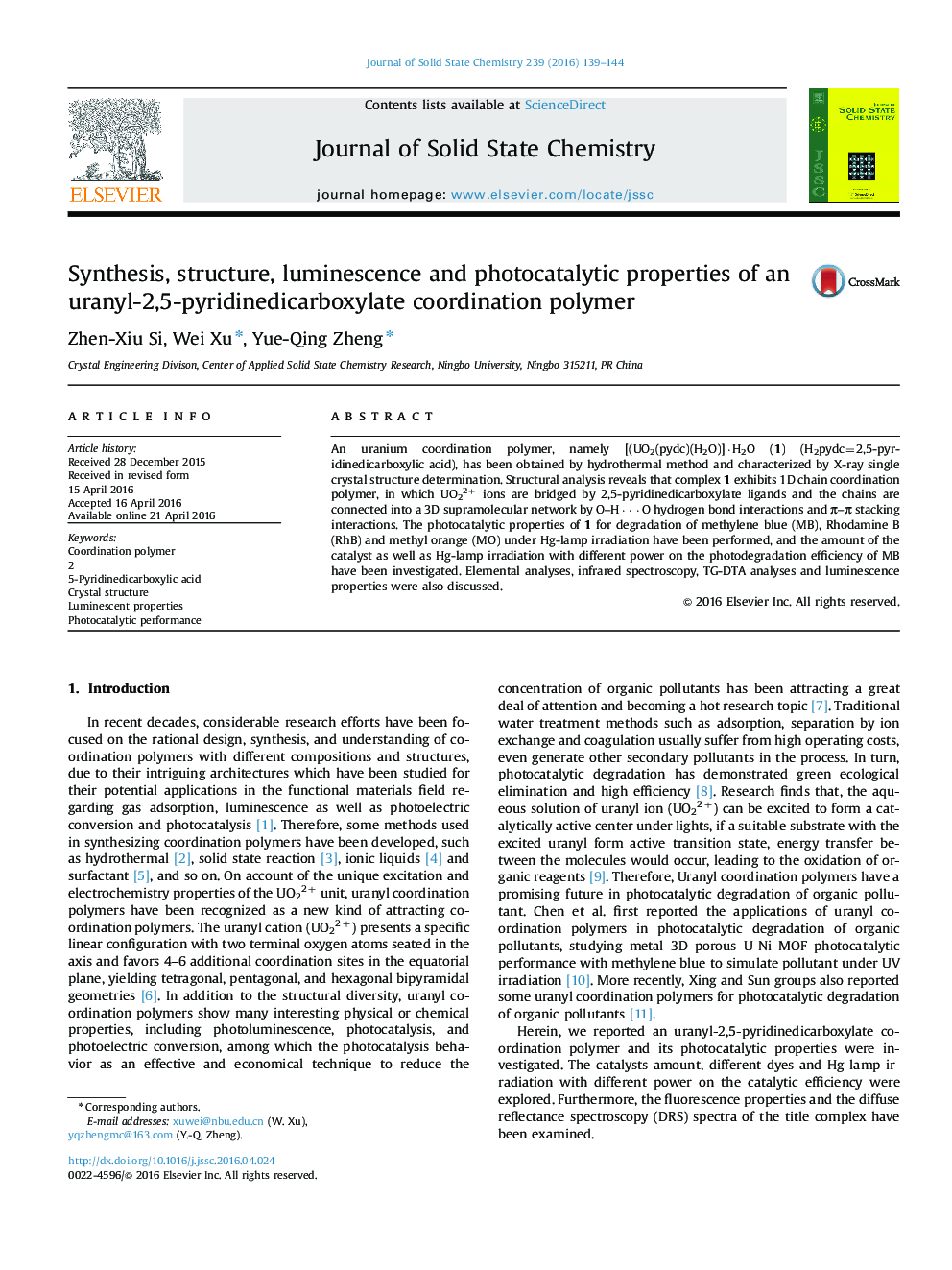 Synthesis, structure, luminescence and photocatalytic properties of an uranyl-2,5-pyridinedicarboxylate coordination polymer