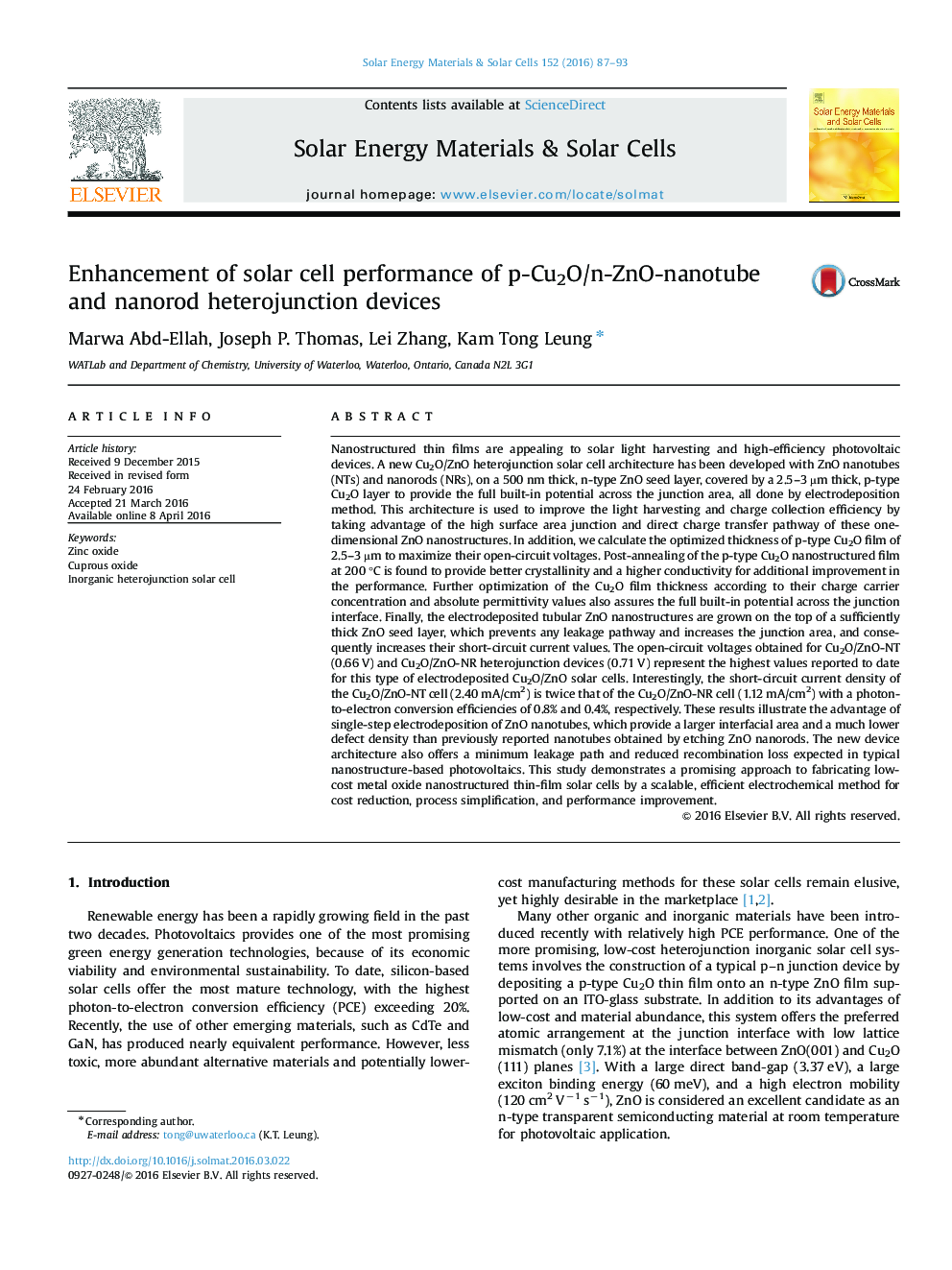 Enhancement of solar cell performance of p-Cu2O/n-ZnO-nanotube and nanorod heterojunction devices