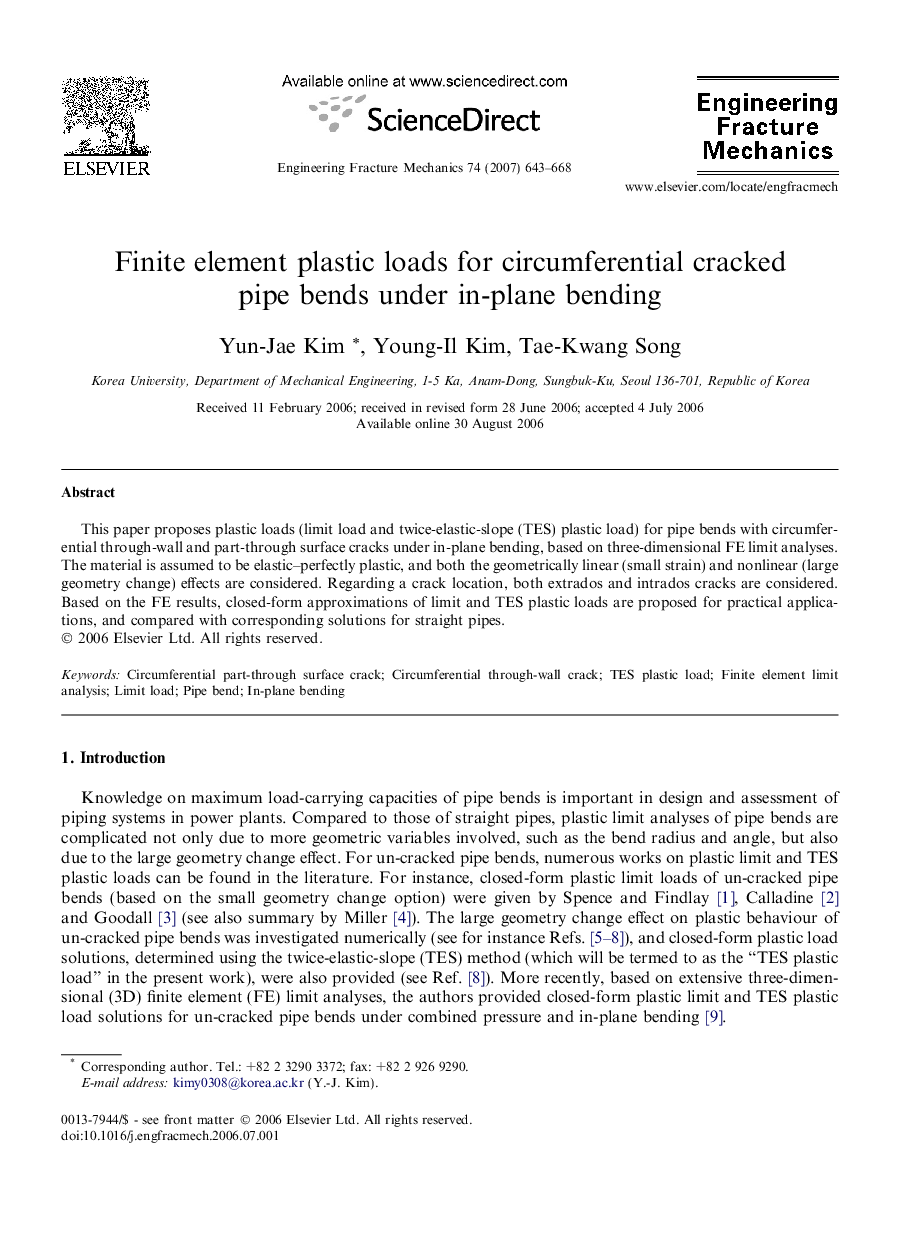 Finite element plastic loads for circumferential cracked pipe bends under in-plane bending